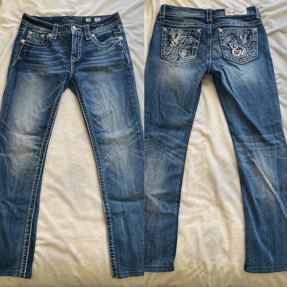 Miss Me Midrise Bootcut Blue Denim Cowgirl Jeans with Rhinestones Size 38 x 31 - Picture 3 of 8